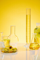 Frontal photo with plenty items of laboratory and calendula placed on white flat form over yellow background. Calendula has been used to treat a variety of skin conditions