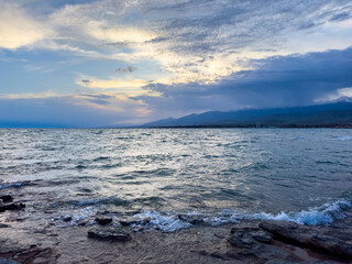 Dramatic clouds over the sea. Natural landscape. rain and large dark clouds over the sea