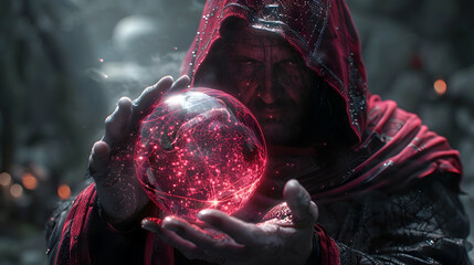 Mastering the Arcane Arts:A Hooded Figure Wields Mystical Power in an Isolated Surreal Sphere
