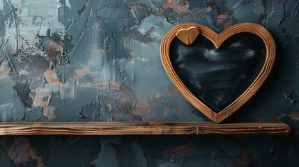 Blank blackboard with wooden frame in the shape of a heart, on top of a wooden shelf with copy space. Valentine's Day template. Generative Ai. hyper realistic 