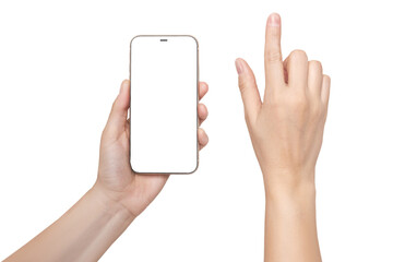 A woman's hand holds a phone  Mockup and the second hand with a finger presses a button or scrolls....