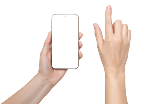 A woman's hand holds a phone  Mockup and the second hand with a finger presses a button or scrolls. Isolated on white background