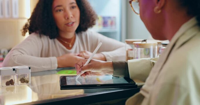 Woman, weed and dispensary store with shopping for cbd product or choice, benefits and customer service. Customer, buying and decision for retail or medicinal drug, recreation or mental health