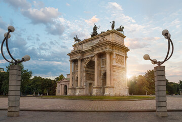 Milan city, Italy. Arch of Peace (Arco della Pace) at sunset, Simplon square (piazza Sempione)....