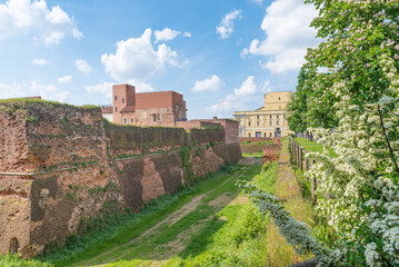 The Visconti Sforza Castle of Novara (Castello Visconteo Sforzesco) surrounded by a moat, in the...