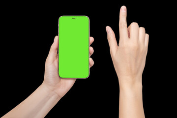 A woman's hand holds a phone chromakey Mockup and the second hand with a finger presses a button or...