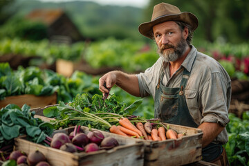 farmer holding a basket of vegetables. Created with AI