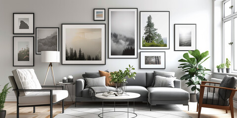 Fototapeta premium Minimalist Gallery Wall: Create a minimalist gallery wall with a curated selection of artwork framed in simple black or white frames for a sophisticated and cohesive look.