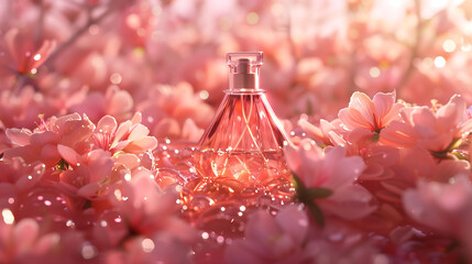 Visualize a captivating tableau where a bottle of perfume is showcased amidst a sea of pink flowers, its presence commanding attention and admiration