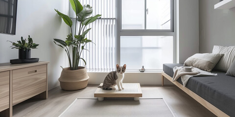 Minimalist Pet Corner: Design a minimalist pet corner with a sleek feeding station, hidden litter box, and minimalistic pet accessories for a stylish and functional pet-friendly space.