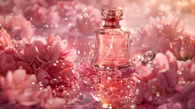 Visualize a captivating tableau where a bottle of perfume is showcased amidst a sea of pink flowers, its presence commanding attention and admiration