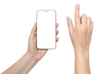 A woman's hand holds a phone Mockup and the second hand with a finger presses a button or scrolls. Isolated on png or transparent background