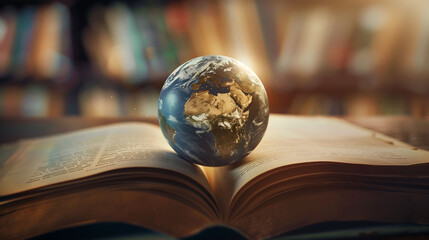 Visualize a striking image where a world globe is isolated atop round book pages, symbolizing knowledge and education on the International Day of Education