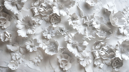 Visualize a stunning composition where a plaster wall is adorned with volumetric decorative flowers, their intricate details brought to life under the perfect lighting