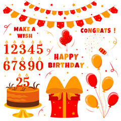 Set of elements for birthday greeting card design, vector. Cake, gift, inscription, balloon, fireworks, candle, number.