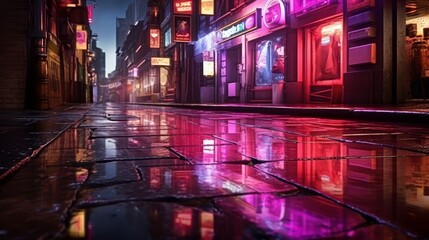 Fototapeta na wymiar Abstract neon lights reflection on wet asphalt in dark city street with smoke and smog
