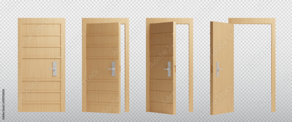 Poster closed, ajar and open wooden front door. realistic 3d vector illustration set of sequence step of en