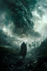 Obraz premium Necromancer Summoning an Army of Undead Skeletal Warriors Emerging from a Desolate,Bleak Battlefield Shrouded in Corrupted Energy and Black Mist