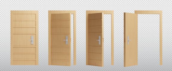 Closed, ajar and open wooden front door. Realistic 3d vector illustration set of sequence step of entrance opening. House or office interior element with light wood texture. Doorway with handle mockup