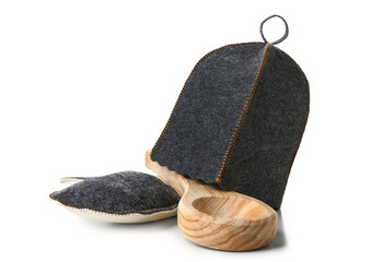 Felt hat, glove and ladle for sauna on white background