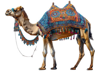 A beautifully adorned camel stands isolated against transparent, with intricate saddle and leg...