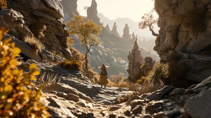 Standing Man Amidst Cinematic Mountain Backdrop.