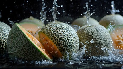 Vibrant and Dynamic Falling Cantaloupes Creating Intricate Water Splash Patterns in a Dark Background