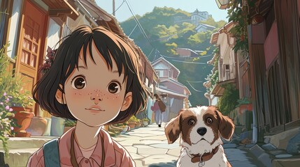 Anime Girl and Pet Dog in Delightful Scene.