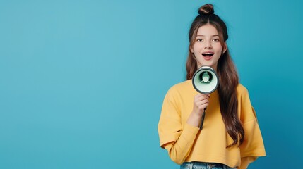 Obraz premium Nice young girl loudspeaker empty space wear top isolated on blue color background By deagreez. copy space for text.