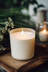 Burning candle on white fabric, closeup.