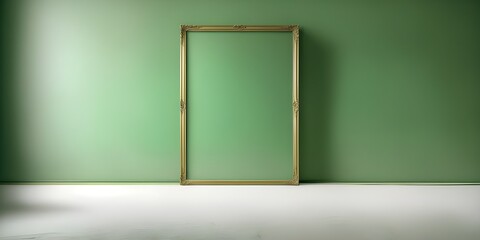 3d rendering of an empty room with a golden frame on a green wall
