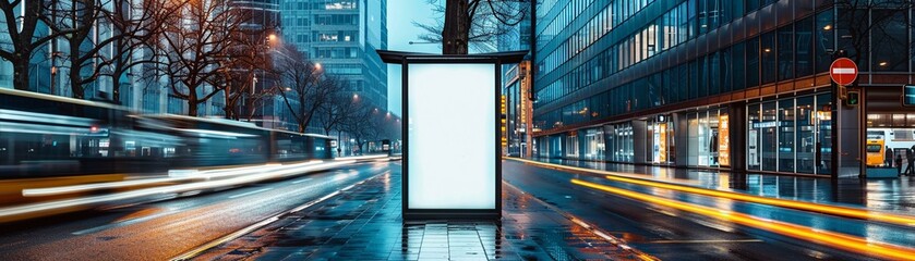 A sleek modern bus stop on a busy city street showcases an empty billboard mockup, offering a prime advertising space in the urban landscape.AI Generate