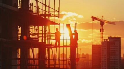 Silhouette of engineer and construction team working safely work load concrete on scaffolding on high rise building, over blurred background sunset pastel for industry background with Light fair