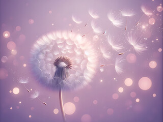 a dandelion in full bloom against a soft pastel purple background, featuring subtle lighting and gentle bokeh effects that enhance the calm and serene atmosphere.
