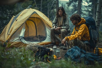 Two campers, one sitting and one kneeling, prepare a meal near their tent in a dense forest, surrounded by camping gear.