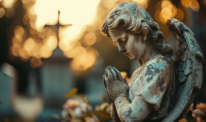 close-up of an angel statue praying on a graveyard - Powered by Adobe