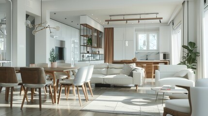 White and brown dining room and living room interior hyper realistic 