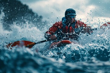 Naklejka premium Intense close-up of a kayaker in action, vigorously paddling through the frothy rapids, water splashing all around in a dynamic display of skill and adrenaline.