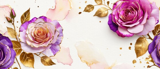 rose petals on white background with copy space for text. Golden alcohol ink watercolor floral bloom banner for Mother&rsquo;s Day or mauve wedding stationery