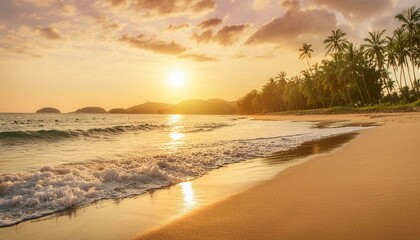 Obraz premium a serene beach scene with gentle waves lapping on a sandy shore, palm trees swaying, and a calming sunset in the background