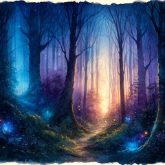 Rendition Stock _ Watercolor Illustration #0000083A _ Mystical Forest Path at Sunset, Watercolor Fantasy Landscape