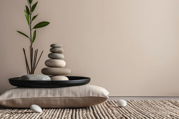 Minimalist zen interior design in beige with natural elements and window lighting. Relaxing...