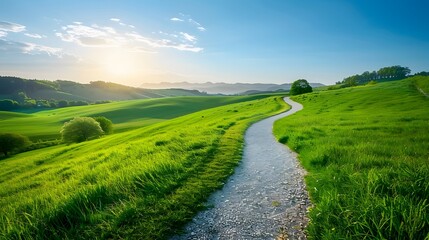Fototapeta premium Beautiful green grass landscape with path and blue sky, summer nature background. Panoramic view of meadow in spring or autumn season. Green hills on horizon, blue clear cloudless sunny sky. 