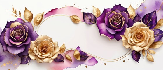 rose petals on white background with copy space for text. Golden alcohol ink watercolor floral bloom banner for Mother&rsquo;s Day or mauve wedding stationery