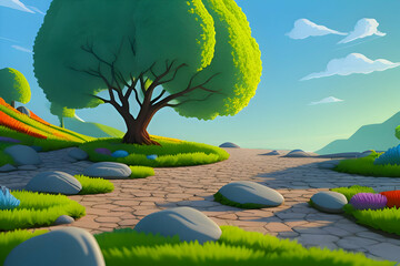 Naklejka premium Beautiful and Peaceful Nature Scenery Illustration, Landscape, Countryside, Tranquil, Vibrant and Colorful