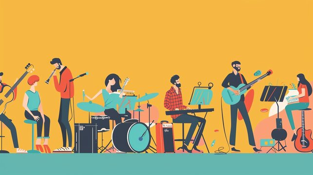 2D Flat illustation Activity Concept of a Music Jam Session, with Copy Space for Creative Collaboration