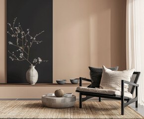 Minimalist zen interior design in beige with natural elements and window lighting. Relaxing interiors, meditation spaces.
