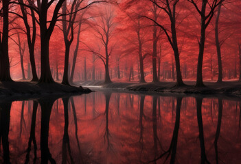 Obraz premium The shadow of red trees made water red.