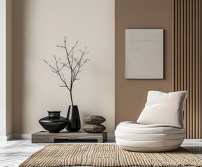 Minimalist zen interior design in beige with natural elements and window lighting. Relaxing interiors, meditation spaces.