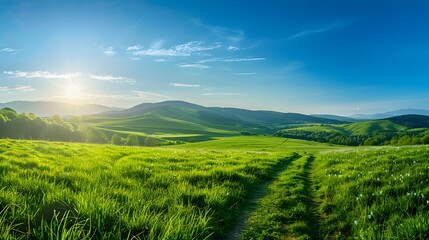 Obraz premium Beautiful green grass landscape with path and blue sky, summer nature background. Panoramic view of meadow in spring or autumn season. Green hills on horizon, blue clear cloudless sunny sky. 